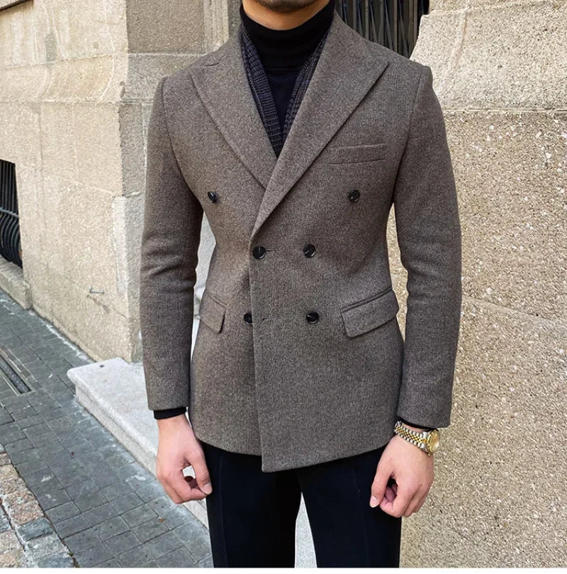 Veste blazer croisée en laine marron pour homme avec revers en pointe et poches avant