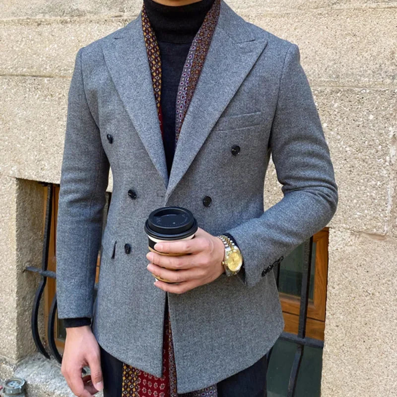 Veste blazer croisée en laine marron pour homme avec revers en pointe et poches avant