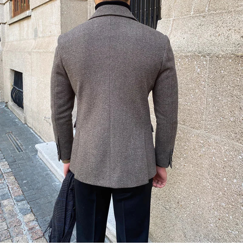 Veste blazer croisée en laine marron pour homme avec revers en pointe et poches avant