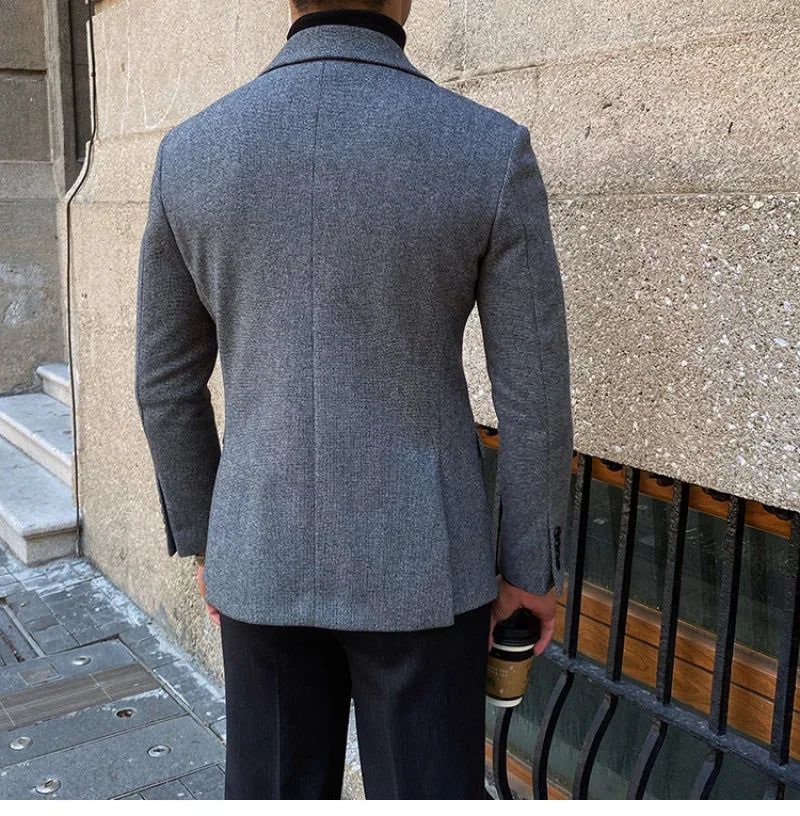 Veste blazer croisée en laine marron pour homme avec revers en pointe et poches avant