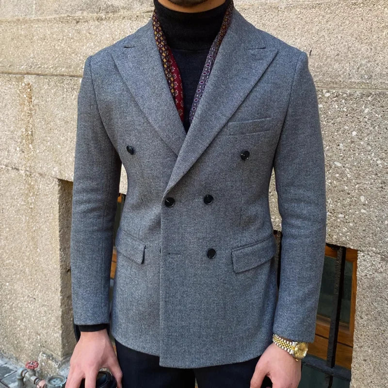 Veste blazer croisée en laine marron pour homme avec revers en pointe et poches avant