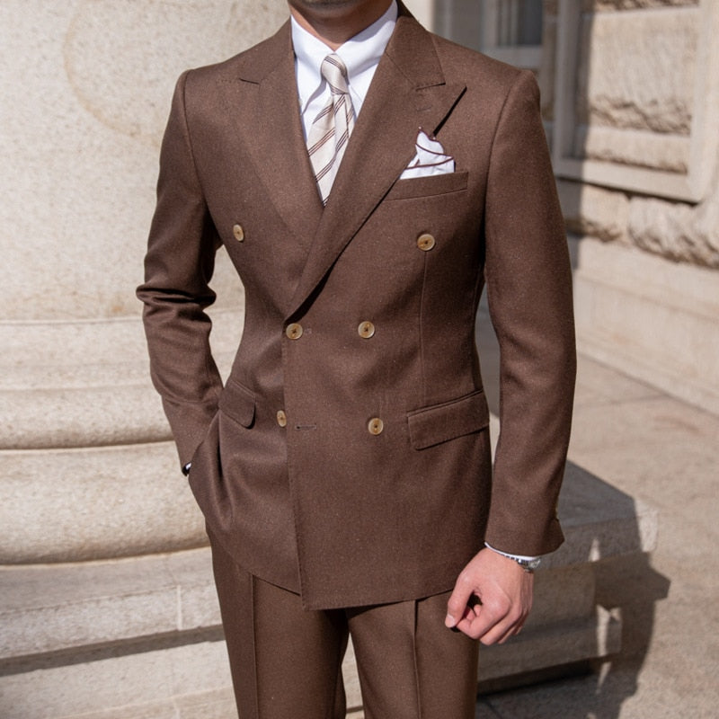 Trajes formales casuales de doble botonadura, 2 piezas, trajes de negocios sencillos de lujo para hombre, traje ajustado de color liso para hombre 