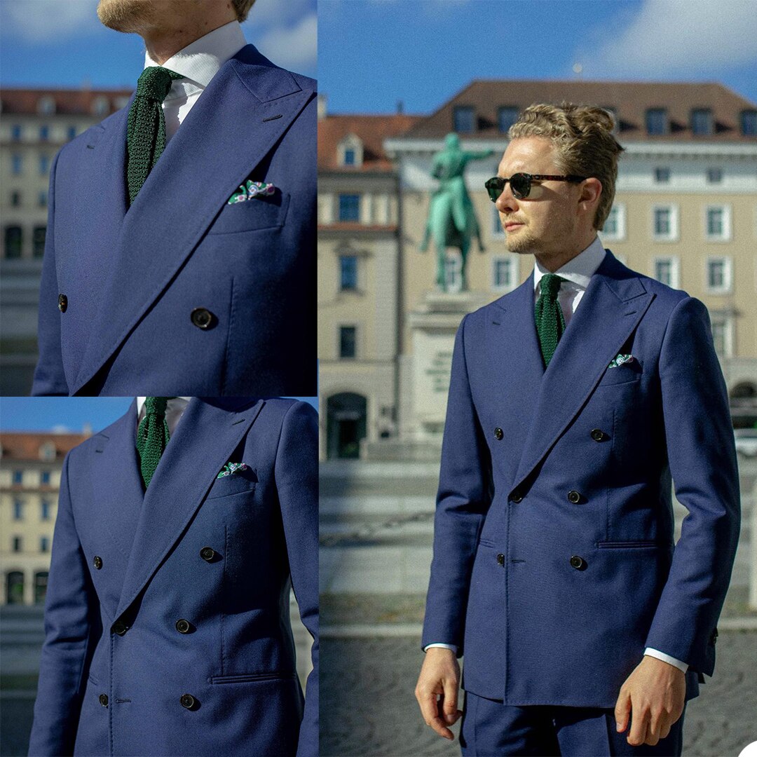 Costume croisé pour homme, bleu marine, blazer, smoking, bal de promo, soirée, tenue de soirée (veste + pantalon) 