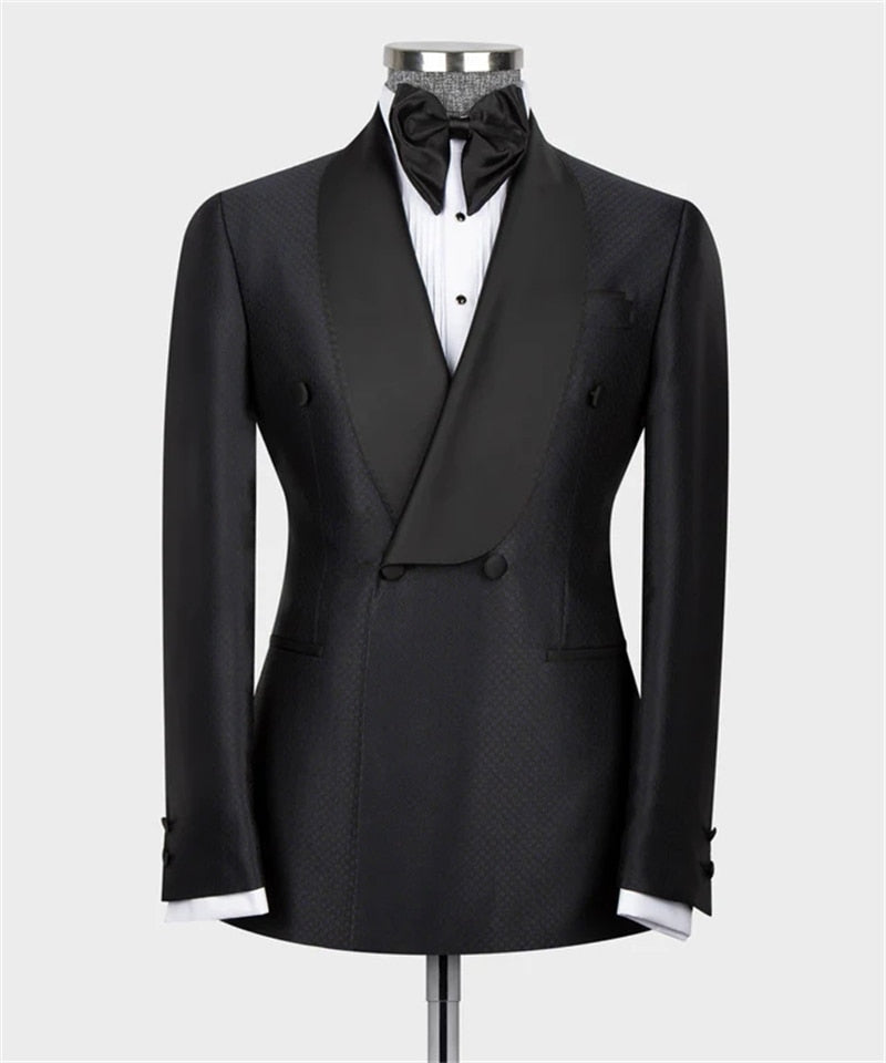 Double Breasted Navy-Blue Black Lapeled Wedding Groom Tuxedo Customized Business Wear 2PCS Blazer Pants Full Men's Suits