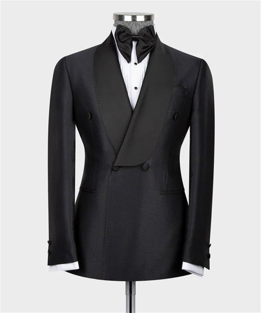 Esmoquin de novio de boda azul marino con solapa negra y doble botonadura, traje de negocios personalizado, 2 piezas, blazer y pantalón, trajes completos para hombre 
