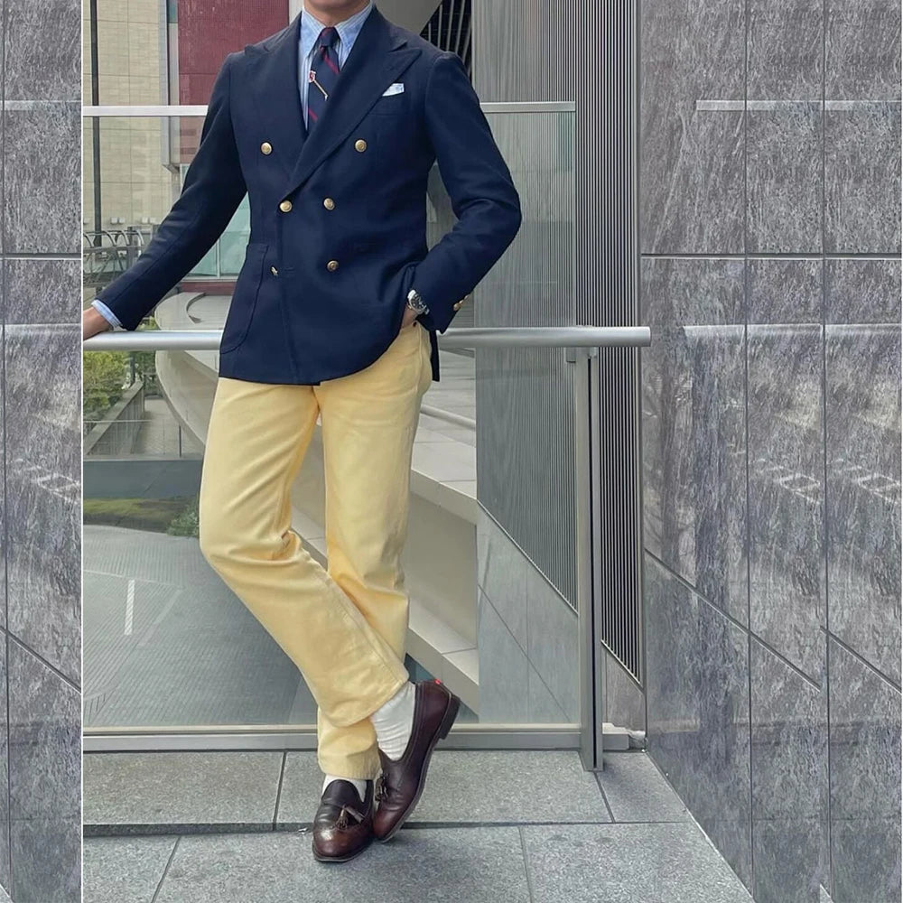 Double Breasted Navy Blue Jacket Yellow Pants 2 Piece Peak Lapel Regular Length Blazer Prom Party Custom Made Men's Suits