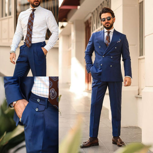 Trajes de hombre azul marino de doble botonadura, pantalones, chaqueta, fiesta de negocios, graduación, boda, blazer, esmoquin personalizado de 2 piezas 