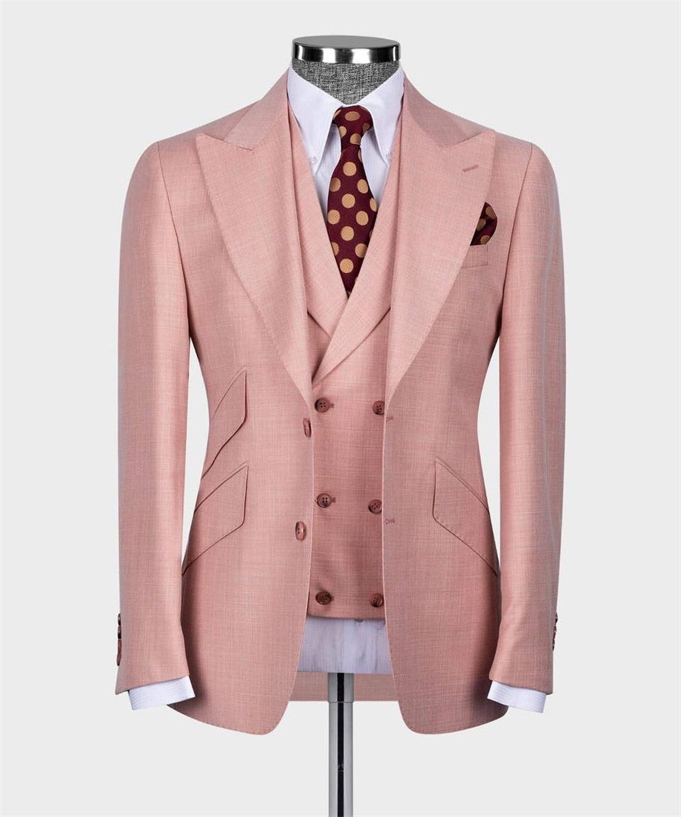Double Breasted Pink Groom Suit 3pcs Blazer Vest Pants Classic Business Wear Men Suit Tailor-made  Wedding Prom Party Male Suits