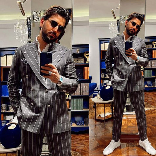Double Breasted Striped men Pants Suits Gentleman Jacket Business Party Prom Wedding Blazer Tuxedos Custom 2 Piece