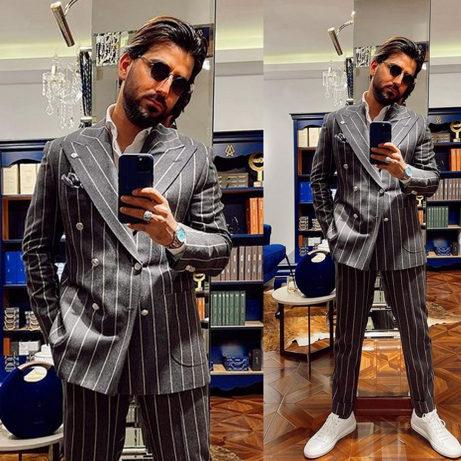 Costume homme à rayures croisées, veste gentleman, soirée d'affaires, bal, mariage, blazer, smoking, 2 pièces, sur mesure 