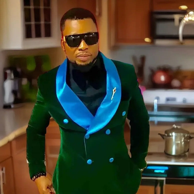 Men's Green Velvet Double Breasted Blazer with Satin Blue Lapel and Gold Brooch