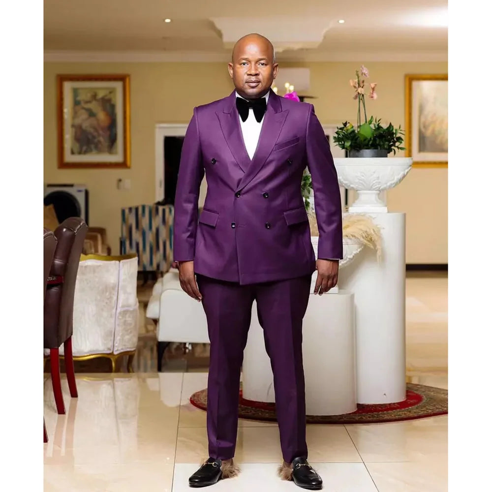 Traje de boda morado de doble botonadura para hombre, de alta calidad, con solapa de pico, plano, de lujo, conjunto de chaqueta y pantalón de 2 piezas, talla grande, vestido y blazer.