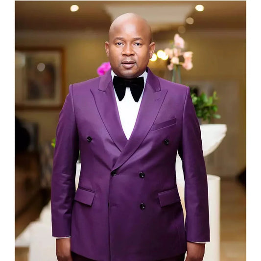 Traje de boda morado de doble botonadura para hombre, de alta calidad, con solapa de pico, plano, de lujo, conjunto de chaqueta y pantalón de 2 piezas, talla grande, vestido y blazer.