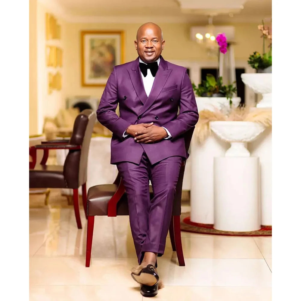 Traje de boda morado de doble botonadura para hombre, de alta calidad, con solapa de pico, plano, de lujo, conjunto de chaqueta y pantalón de 2 piezas, talla grande, vestido y blazer.