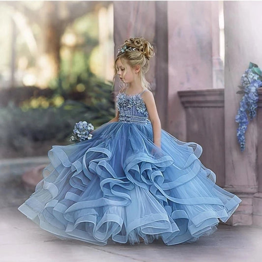 Vestido de princesa elegante con tul azul adornado con flores para niñas