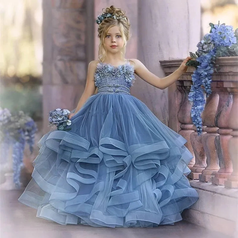 Elegant Blue Flower Girl Dress with Layered Tulle Skirt and Floral Appliques