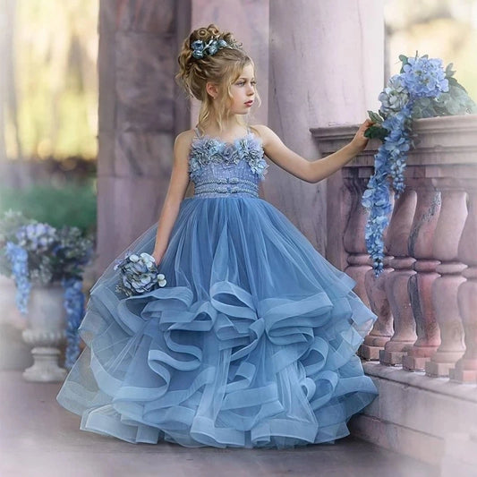 Elegant Blue Flower Girl Dress with Layered Tulle Skirt and Floral Appliques