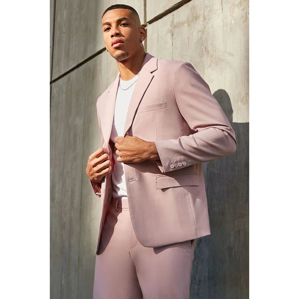 Costume décontracté rose poudré pour homme, simple boutonnage, revers crantés, veste plate 2 pièces, pantalon, tenue de soirée élégante sur mesure