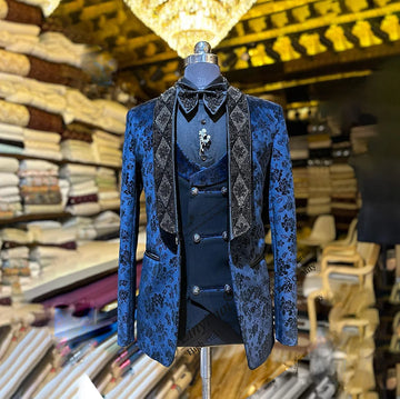 Ensemble smoking homme bleu élégant et luxueux, brodé de fleurs, avec revers châle – Idéal pour les mariages, les fêtes et les bals de fin d'année