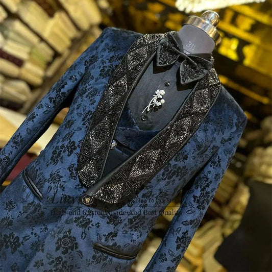 Stylish Luxury Blue Floral Embroidered Men's Tuxedo Set with Shawl Lapel – Perfect for Weddings, Parties, and Prom Events