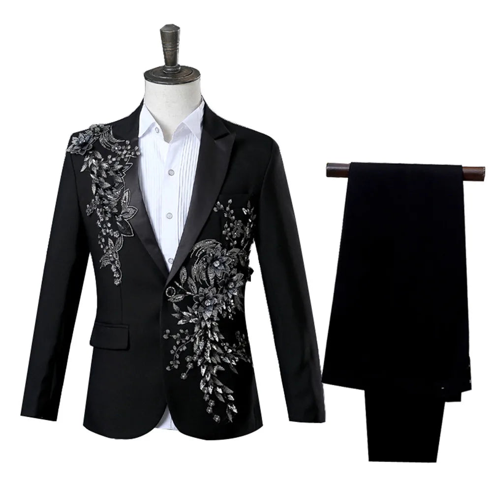 Elegant Appliqued Two-piece Men's Suit for Wedding Banquet Host Dance Prom Christmas Costume Men Blazer
