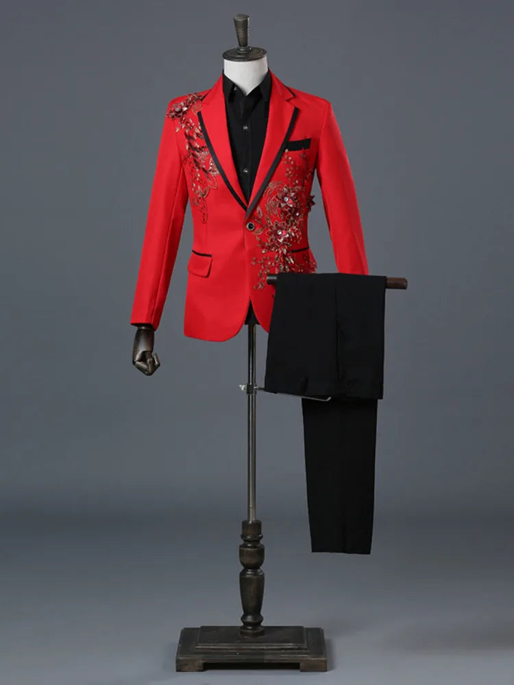 Elegant Appliqued Two-piece Men's Suit for Wedding Banquet Host Dance Prom Christmas Costume Men Blazer