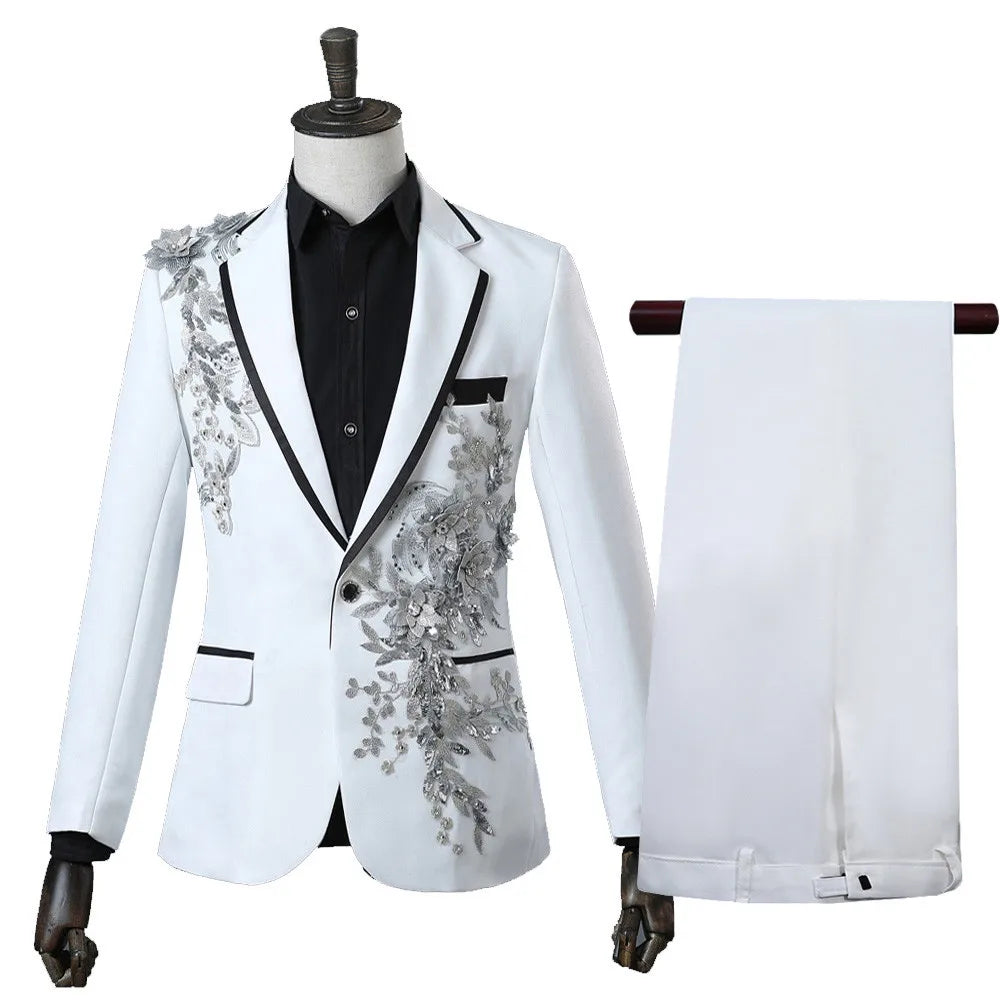 Elegant Appliqued Two-piece Men's Suit for Wedding Banquet Host Dance Prom Christmas Costume Men Blazer
