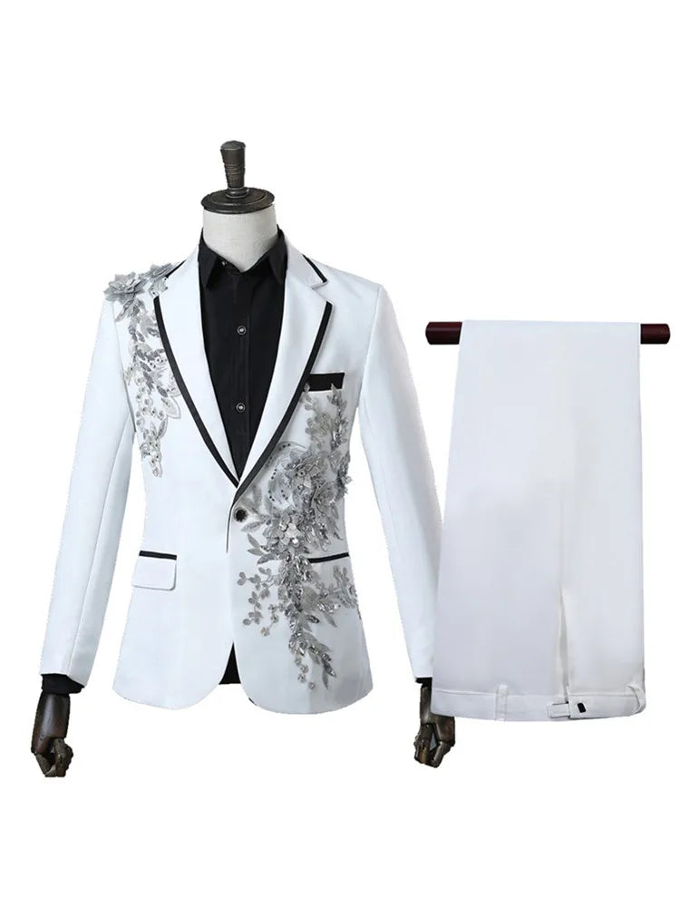 Elegant Appliqued Two-piece Men's Suit for Wedding Banquet Host Dance Prom Christmas Costume Men Blazer