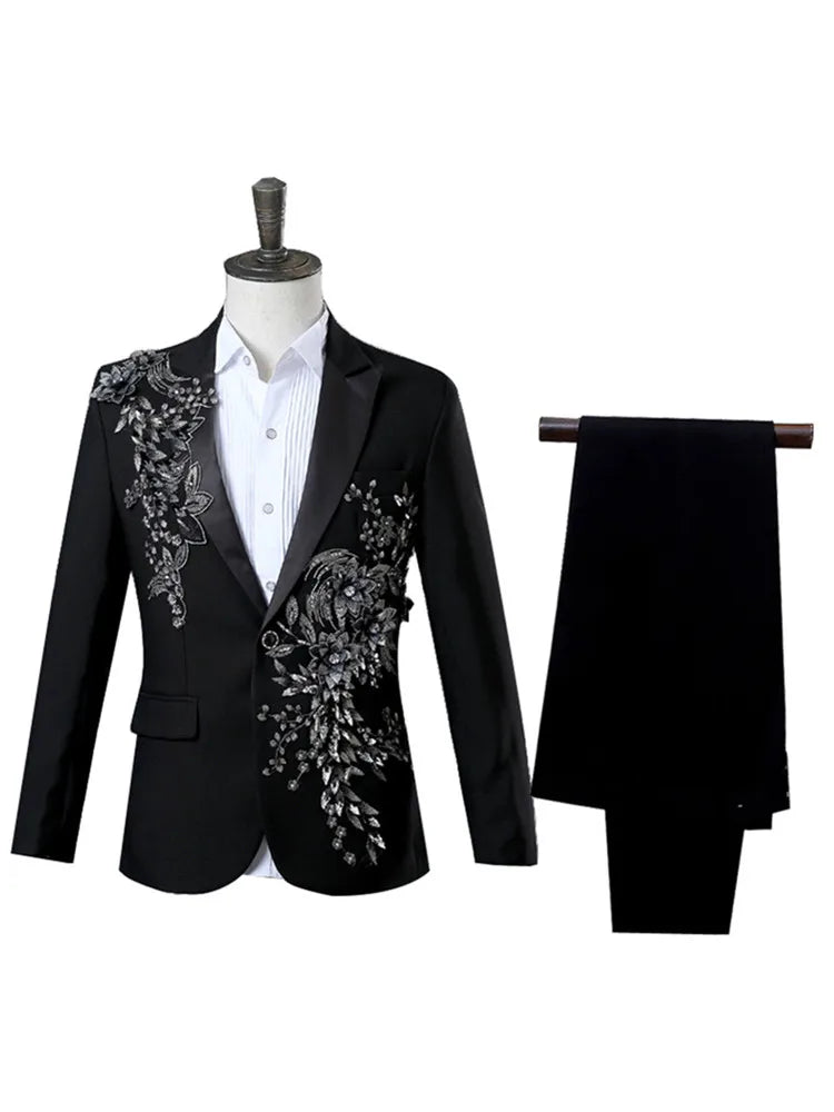 Elegant Appliqued Two-piece Men's Suit for Wedding Banquet Host Dance Prom Christmas Costume Men Blazer