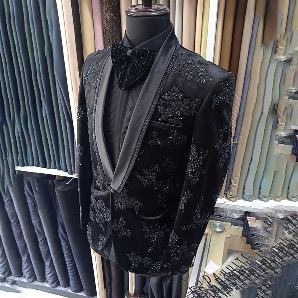 Costume élégant pour homme, 2 pièces, avec appliques perlées, smoking de marié, pour dîner de mariage, blazer de luxe, sur mesure