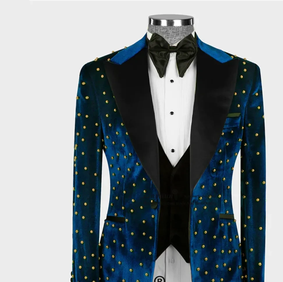 Elegantes esmoquin con cuentas para hombre, trajes de solapa con pico para novio, blazers de boda, 3 piezas, fiesta de graduación, personalizado, Terno Masculino Completo