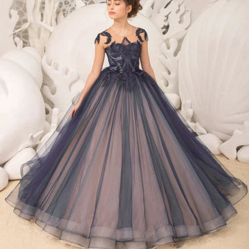Elegant Navy Blue Tulle Ball Gown Dress with Floral Appliques for Special Occasions