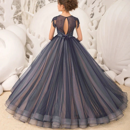 Elegant Navy Blue Tulle Ball Gown Dress with Floral Appliques for Special Occasions