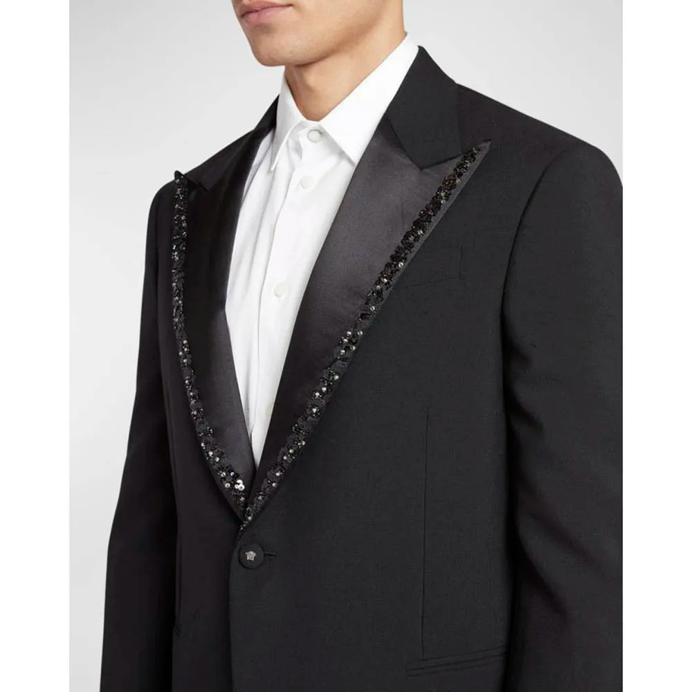 Elegante traje negro para hombre, con lentejuelas, solapa de pico, botonadura sencilla, formal, para boda, 2 piezas, chaqueta, pantalones, conjuntos completos, blazer de alta gama.
