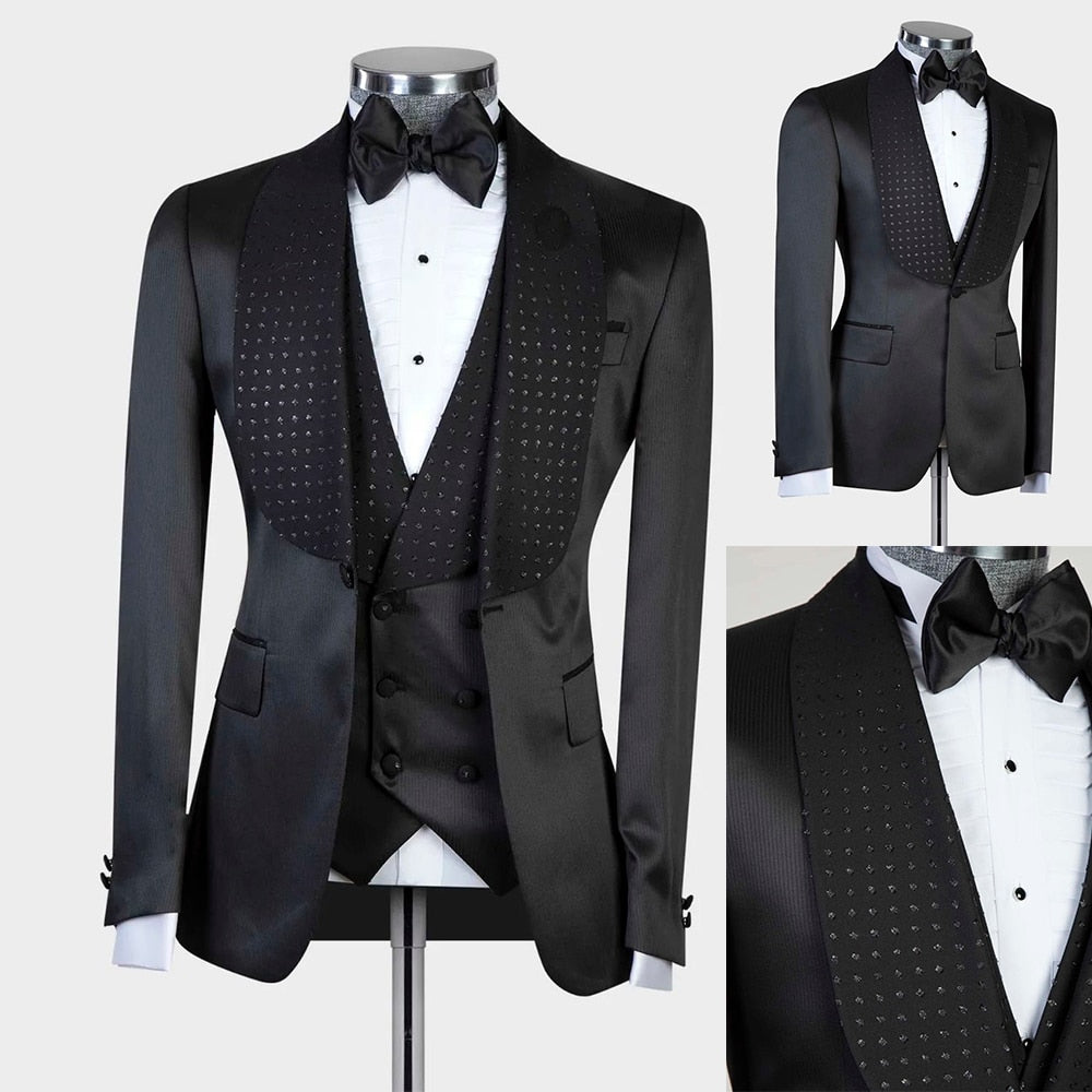 Costumes noirs pour hommes avec un bouton 3 pièces veste gilet sur mesure marié mariage occasion formelle 