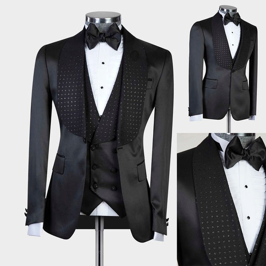 Black Men Suits With One Button 3 Pieces Jacket Vest Custom Made Bridegroom Wedding Formal Occasiom