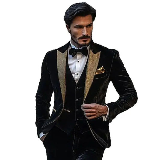 Elegant Black Velvet Men's Suits Blazer Luxury Single Breasted Peak Lapel Slim Fit 3 Piece Jacket Vest Pants Outfits Prom Full Sets