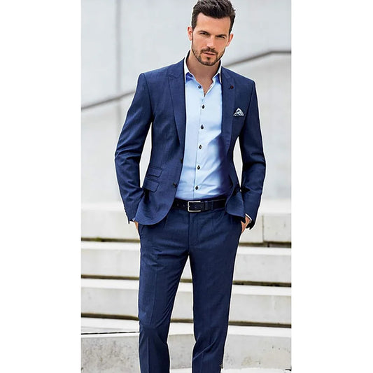 Blue Notch Lapel Men Suits Tailored One Button Groomsman Wedding Tuxedos Business Male  Work Set (Jacket+Pants)