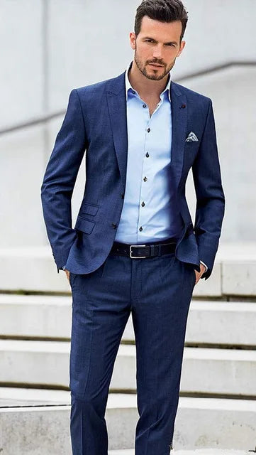 Blue Notch Lapel Men Suits Tailored One Button Groomsman Wedding Tuxedos Business Male  Work Set (Jacket+Pants)