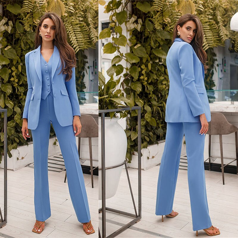 Ensemble 3 pièces bleu pour femme, coupe slim, taille haute, tenue de soirée, blazer, pantalon évasé 