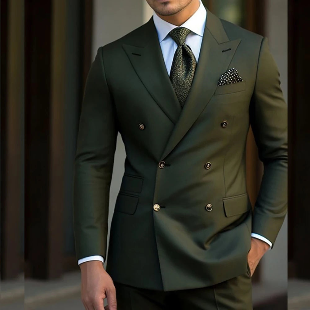 Costume élégant vert foncé pour homme, croisé, revers en pointe, coupe slim, élégant, 2 pièces, veste, pantalon, blazer