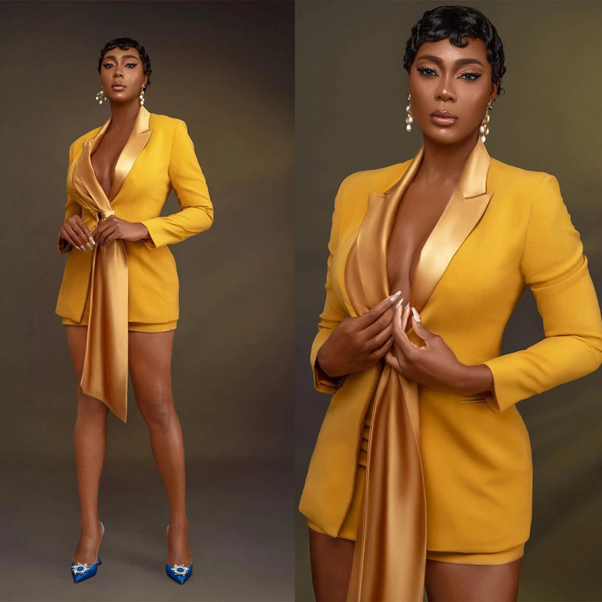 Conjunto de 2 piezas de pantalón corto dorado para mujer, para madre de la novia, con blazer, hecho a medida para fiesta de graduación. 