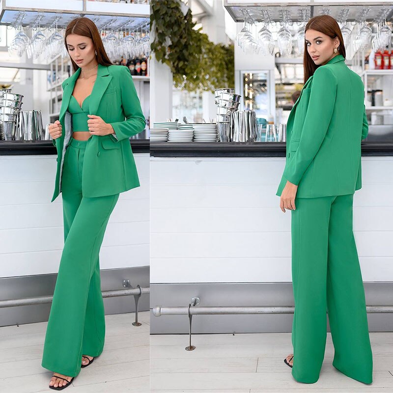 Ensemble 3 pièces vert pour femme, coupe slim, taille haute, tenue de soirée, blazer, pantalon évasé 