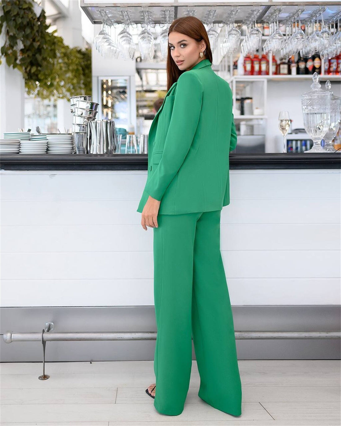 Ensemble 3 pièces vert pour femme, coupe slim, taille haute, tenue de soirée, blazer, pantalon évasé 