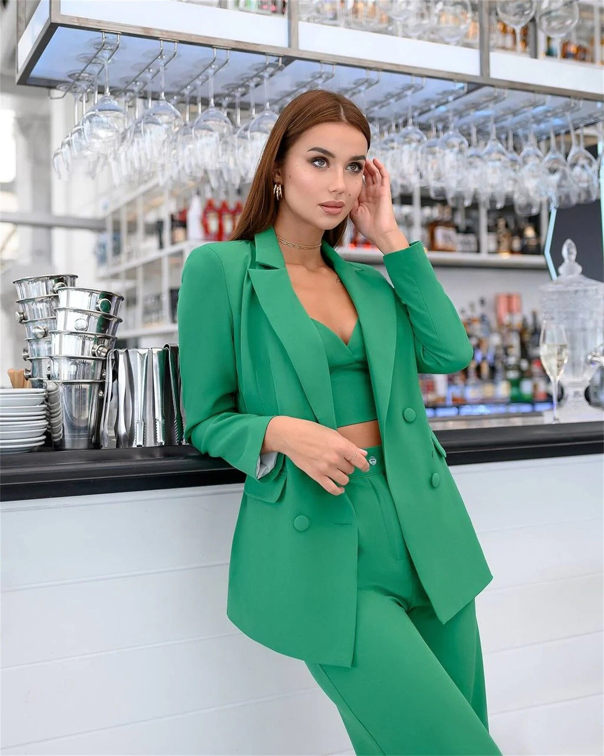 Ensemble 3 pièces vert pour femme, coupe slim, taille haute, tenue de soirée, blazer, pantalon évasé 