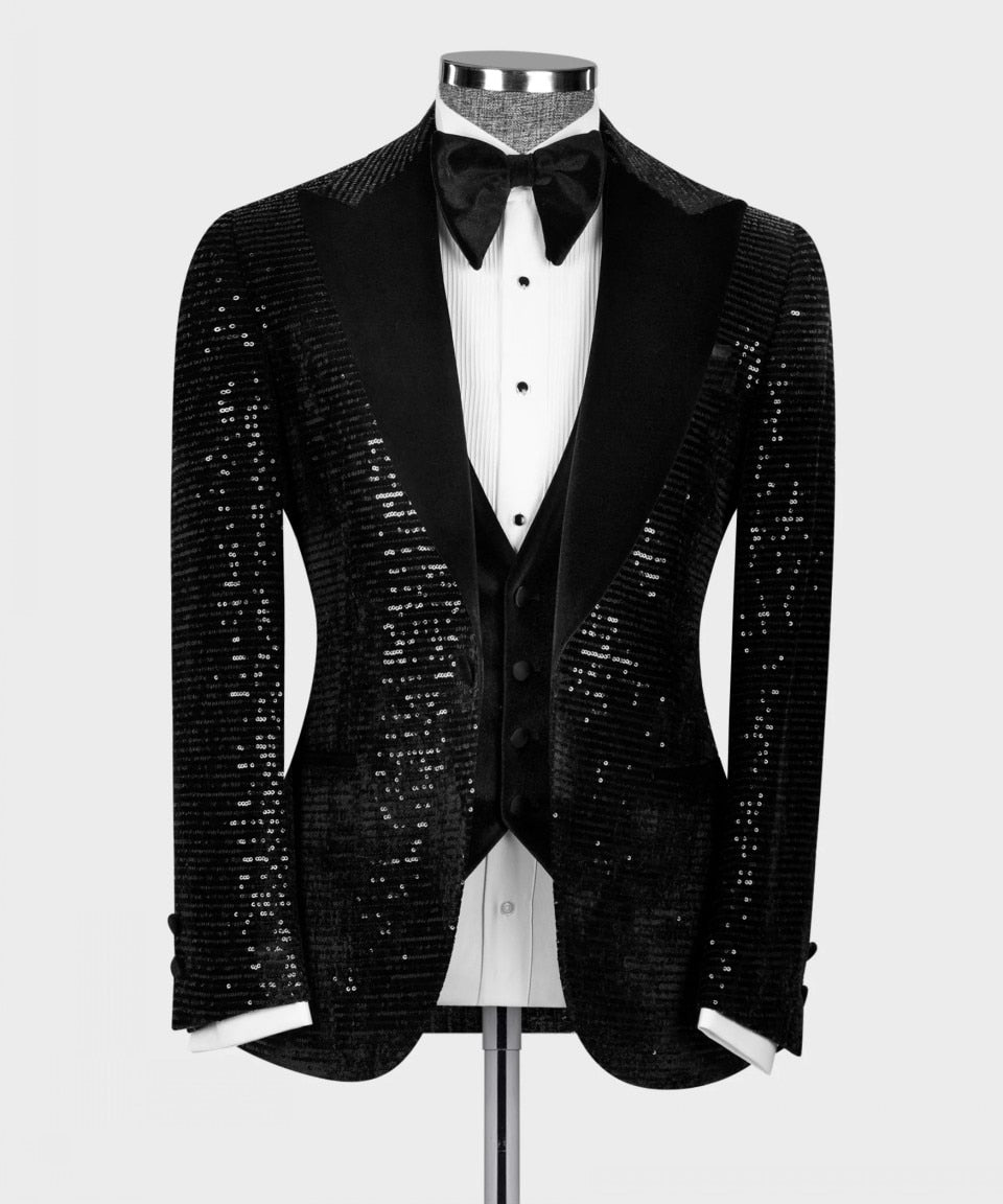 Costumes de marié élégants pour hommes, mariage sur mesure, paillettes brillantes, blazer, gilet en velours, smoking formel pour hommes d'affaires 
