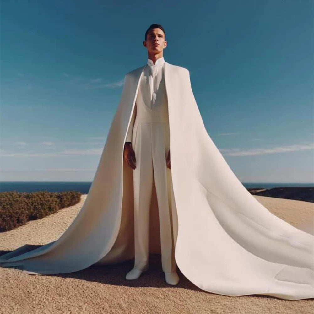 Luxury Custom Tailored White Tuxedo Suit with Cape and Vest for Weddings, Prom, and Formal Events - 3-Piece Men's Ensemble