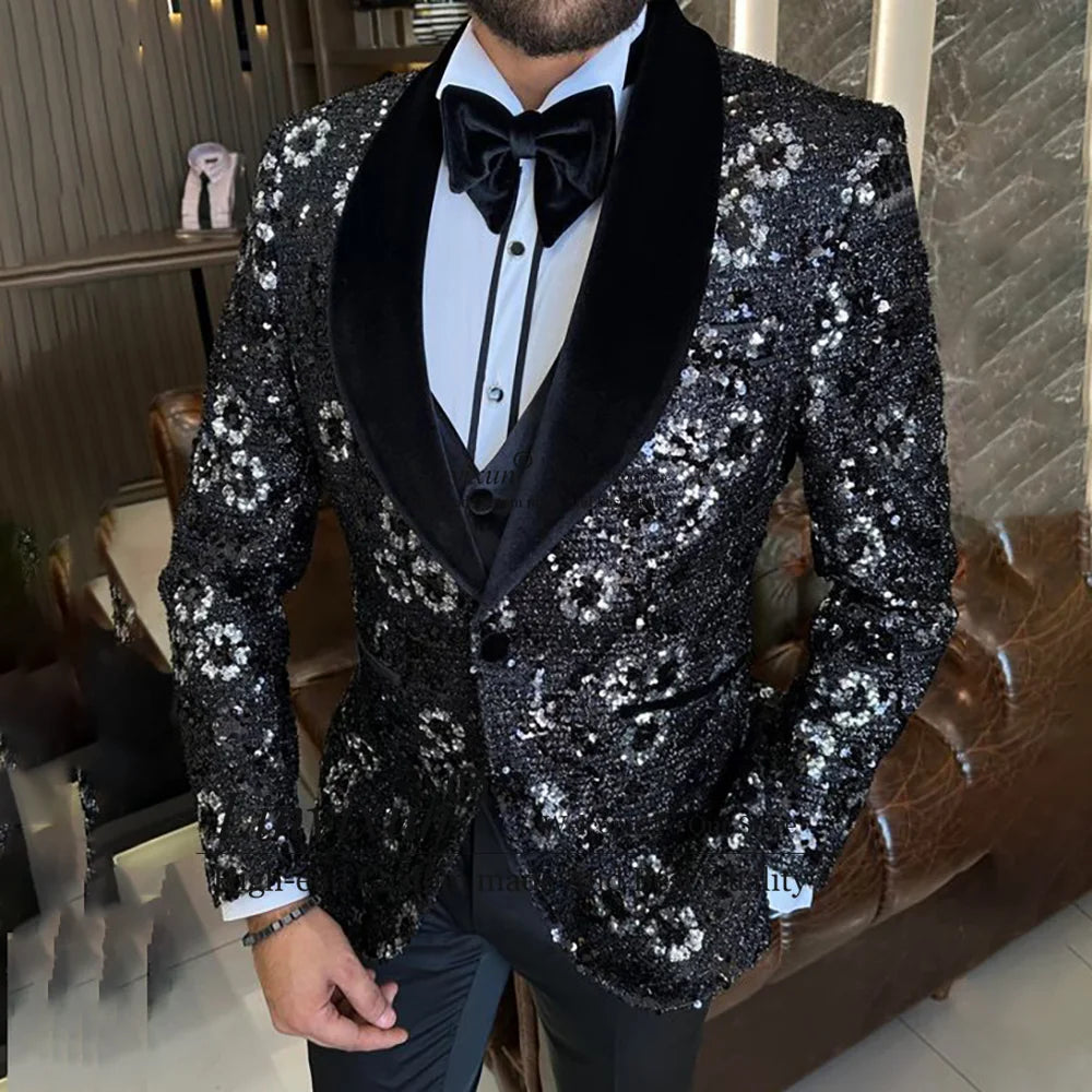 Hand Embroidered Crystal Men Suits Groom Tuxedos 3 Pieces Luxury Jewelry Bridegroom Blazers Male Bespoke