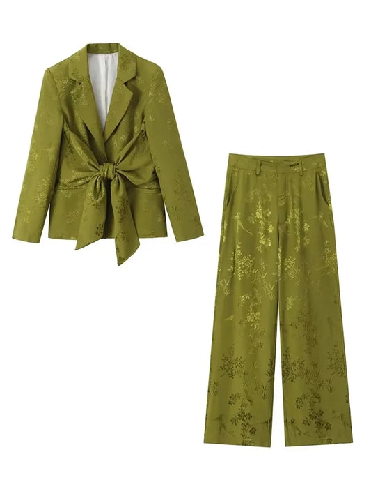 Chic Olive Green Jacquard Blazer and Wide-Leg Pants Matching Set with Bow Detail for Effortless Summer Elegance