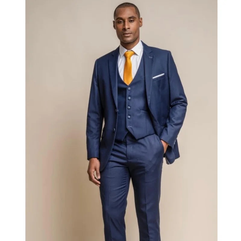Traje formal de lujo para hombre, 3 piezas, azul oscuro, ajustado, blazer, chaleco, pantalones, esmoquin, vestidos de fiesta de boda, conjuntos de trajes 